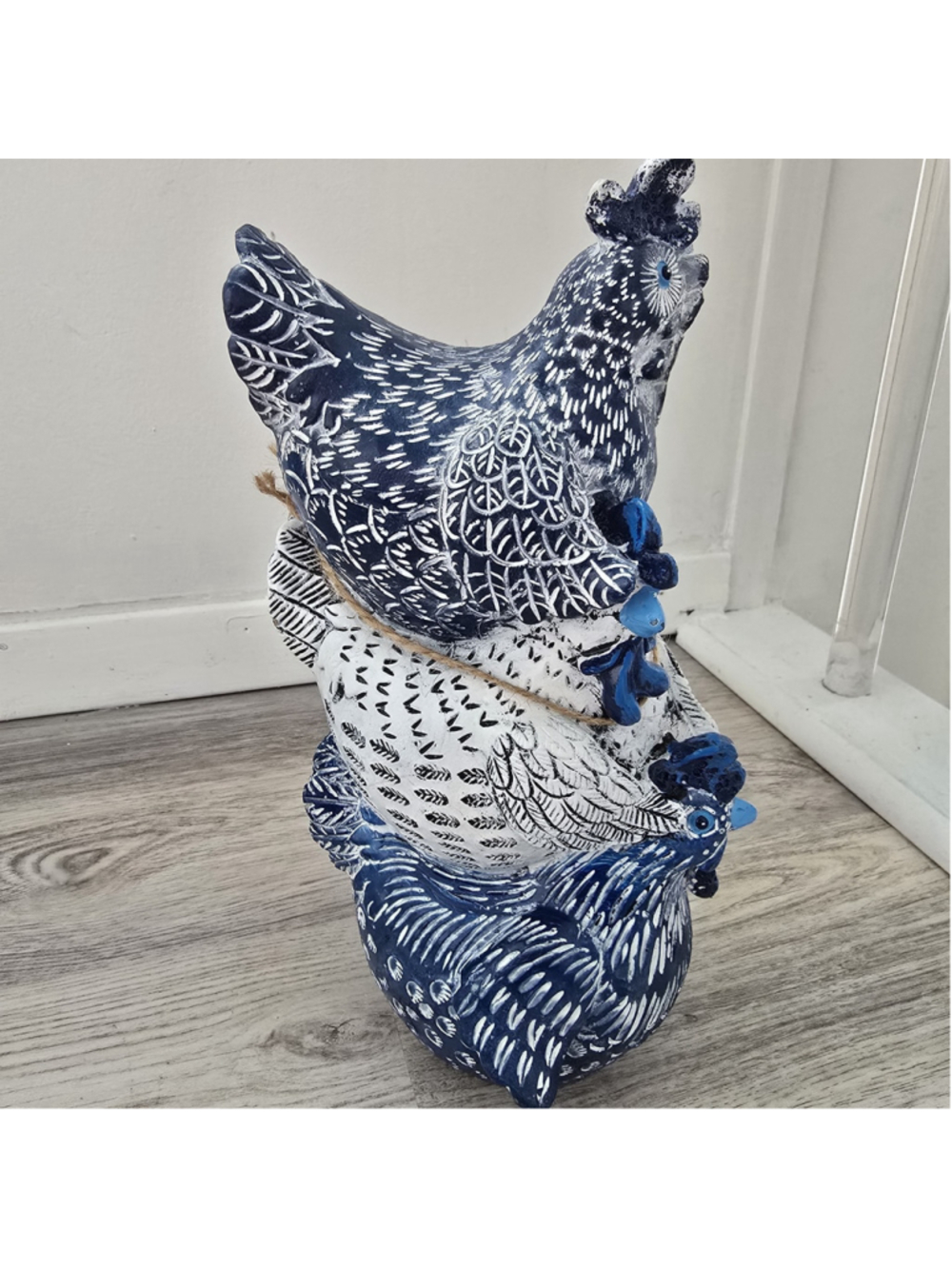 Blue White Stacked Rooster Hen Chicken Figurine Farmhouse Sculpture 10.75”